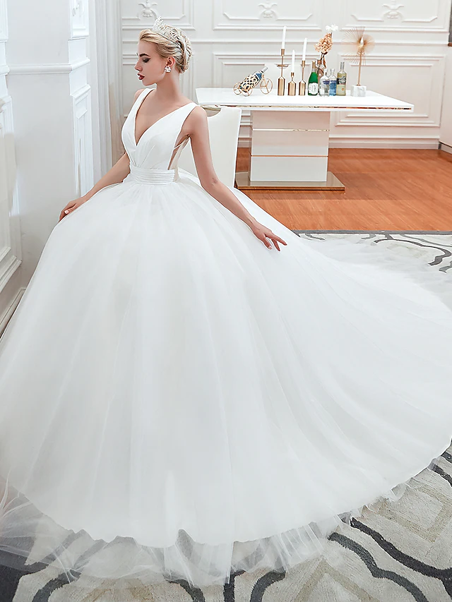 Ball Gown Wedding Dresses V Neck Court Train Tulle Regular Straps Simple Glamorous Backless