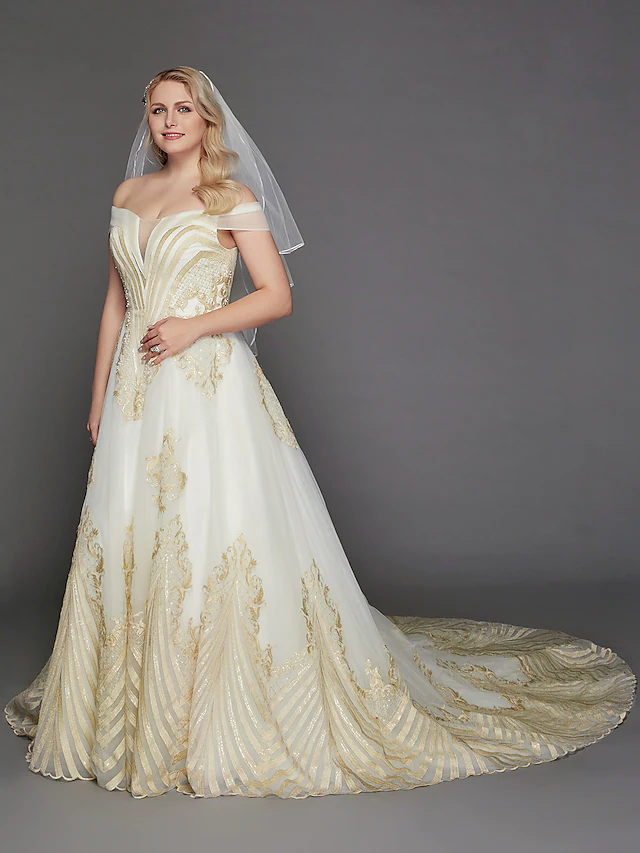 Princess Wedding Dresses Off Shoulder Chapel Train Lace Tulle Cap Sleeve Glamorous Illusion Detail