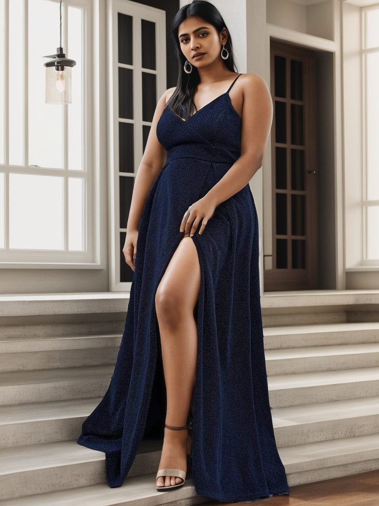 Plus Size Spaghetti Strap Shiny Formal Evening Dress for Wedding Sexy