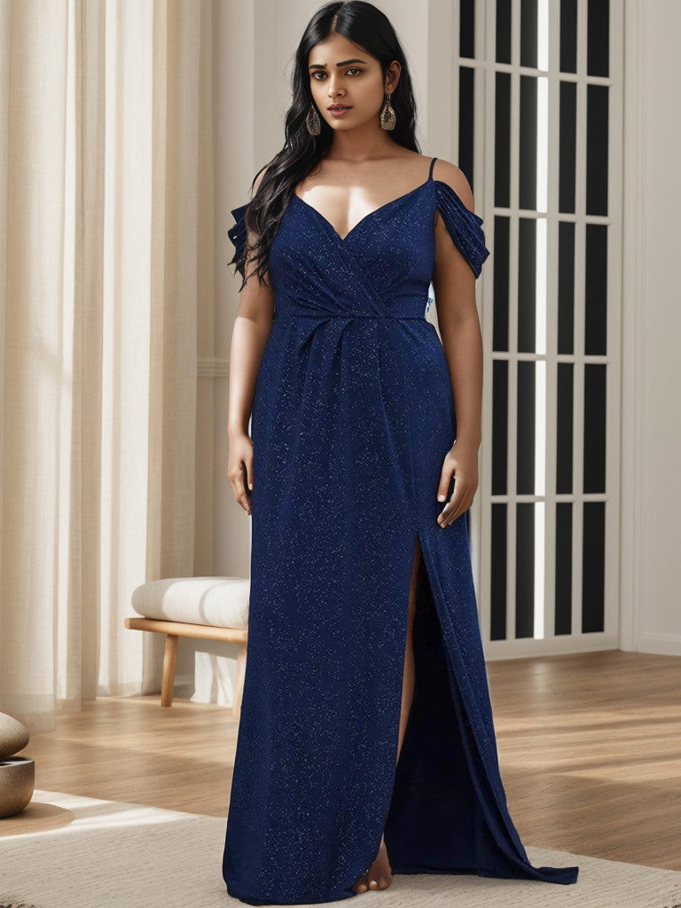 Plus Size V-Neck Cold Shoulder Floor-Length Evening Dress Sparkly