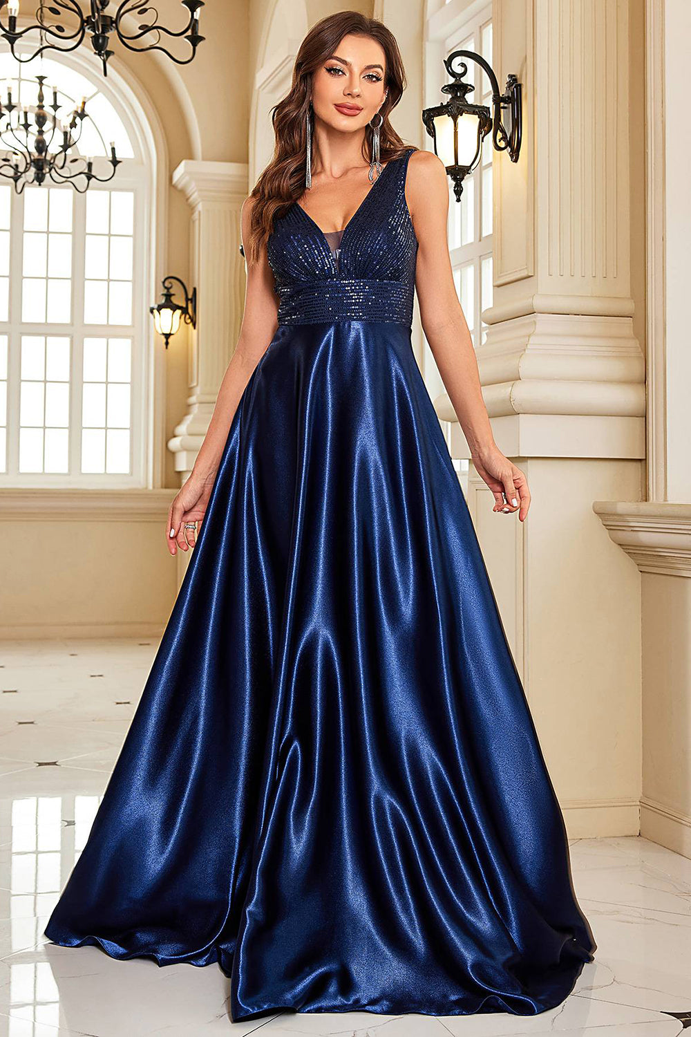 Navy Satin A Line Long Prom Dress Sparkly Evening Dresses