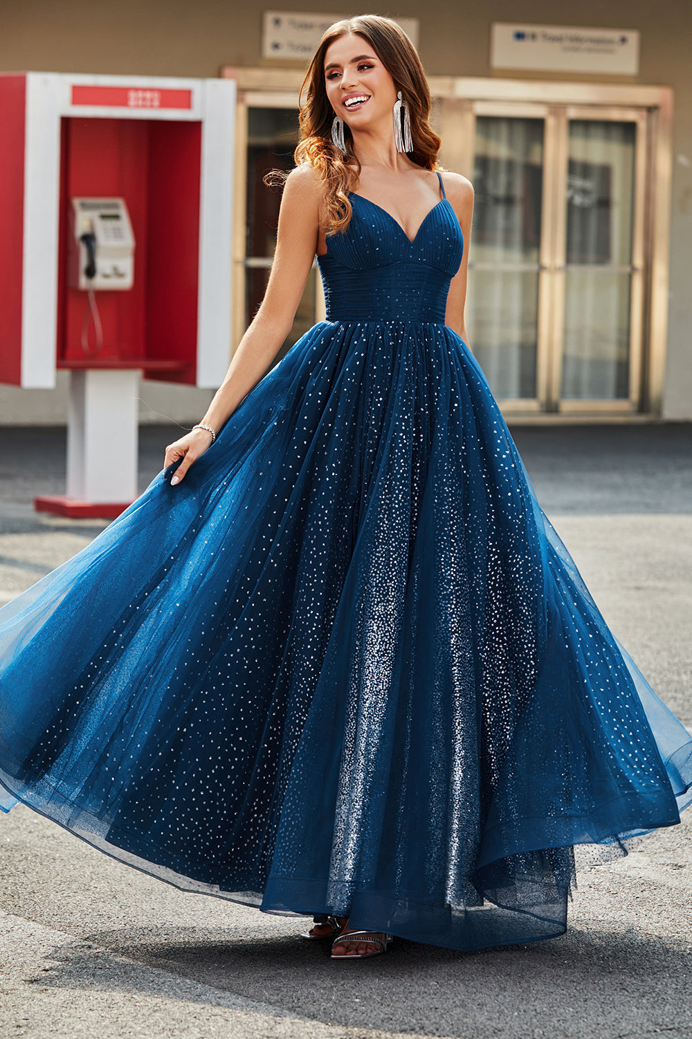 Navy Ball-Gown Spaghetti Straps V-Neck Long Beaded Tulle Prom Dresses Sparkly Evening Dresses