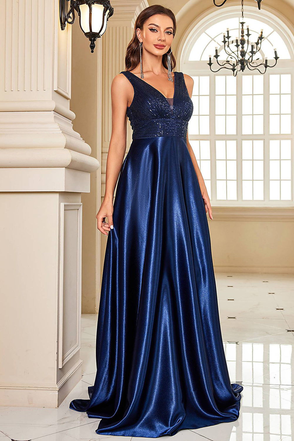 Navy Satin A Line Long Prom Dress Sparkly Evening Dresses