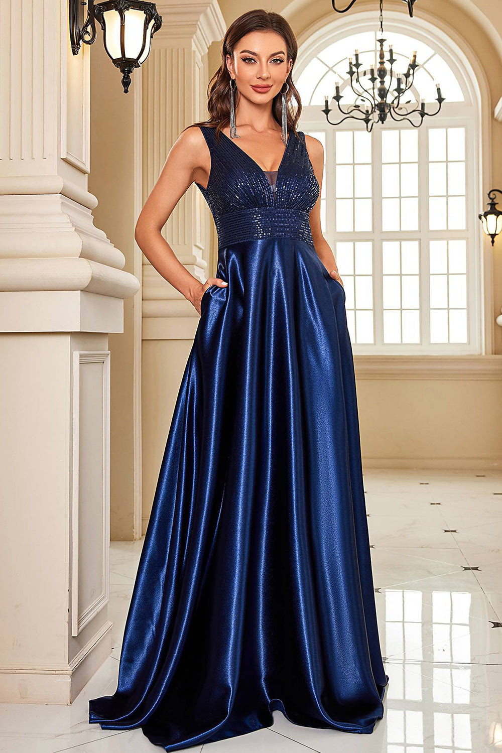 Navy Satin A Line Long Prom Dress Sparkly Evening Dresses