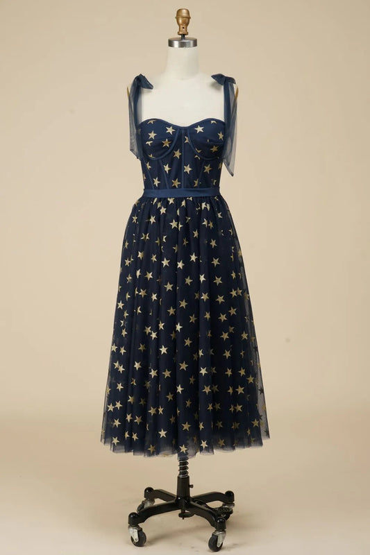 A-Line Tea Length Party Dress WIth Star Pattern Off Shoulder Beautiful