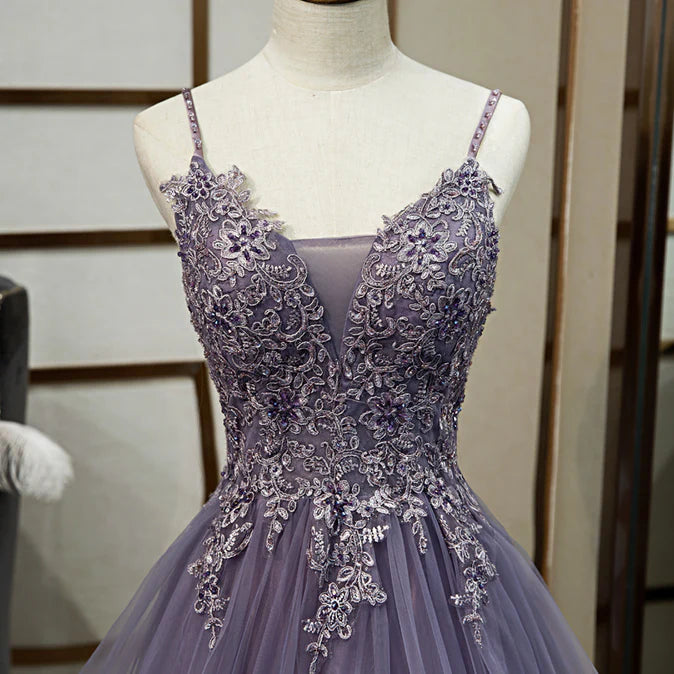 Purple Tulle Layers Long Formal Gown Lace Applique Party Dress A Line Floor Length Prom Dress