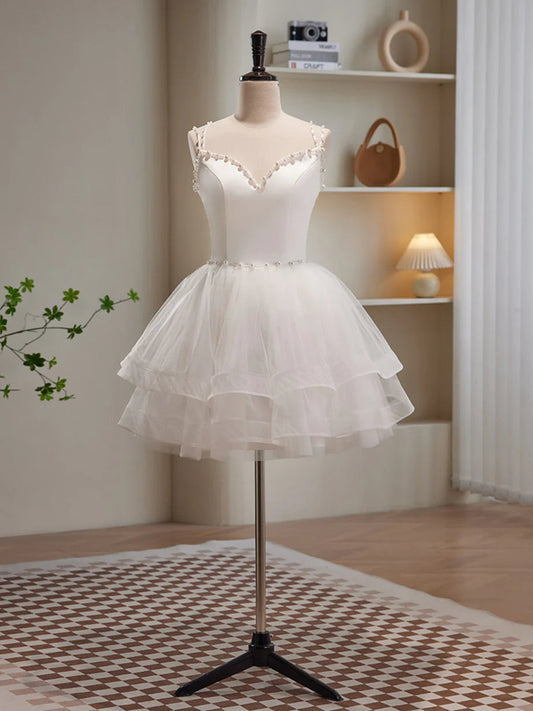 Cute White Short Tulle Beaded Graduation Dress, White Prom Dress Formal Dress