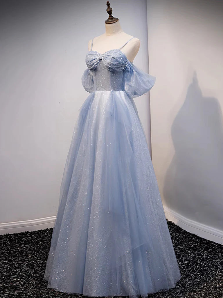 A-Line Off Shoulder Tulle Long Prom Dress Sparkly