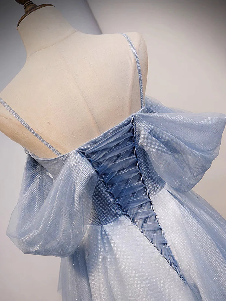 A-Line Off Shoulder Tulle Long Prom Dress Sparkly