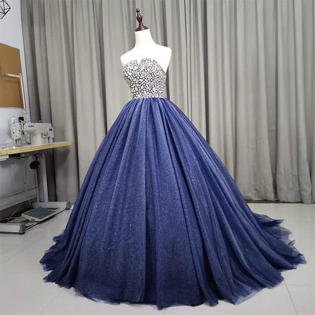 Gorgeous Blue Ball Gown Sweet 16 Party Dress Handmade Formal Gown Off Shoulder Prom Dress