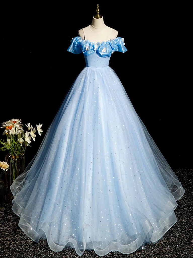 A-Line Off Shoulder Tulle Long Prom Dress Sparkly