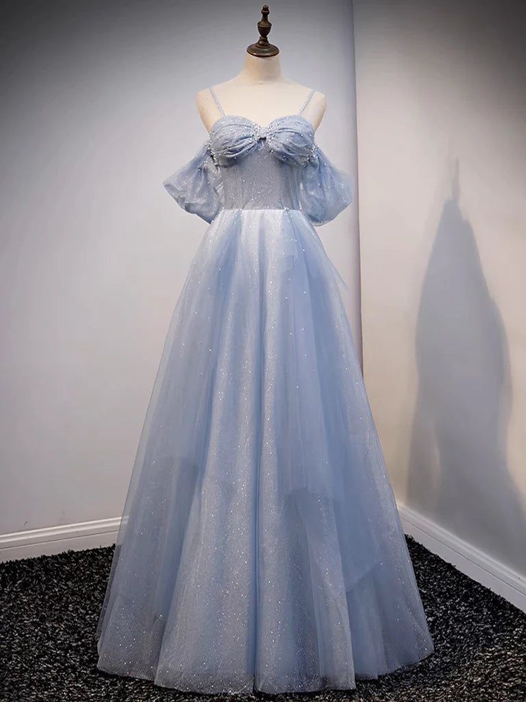 A-Line Off Shoulder Tulle Long Prom Dress Sparkly