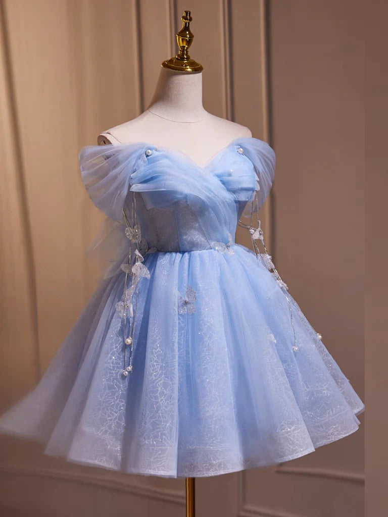 A-Line Off Shoulder Tulle Short Prom Dress Sky blue