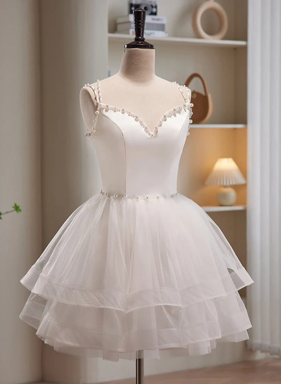 Cute White Short Tulle Beaded Graduation Dress, White Prom Dress Formal Dress