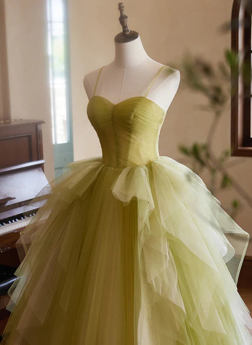 Green Sweetheart Straps Tulle Long Party Dress Prom Dress A Line december wedding guest dress