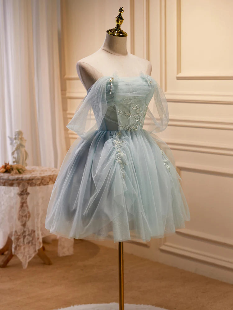 Light Green Tulle Beaded Short Prom Dress, Green Tulle Formal Dress Homecoming Dress Party Dresses