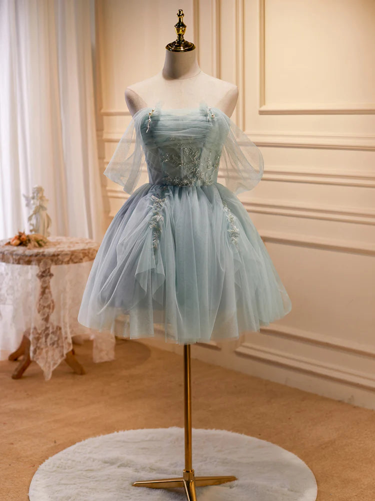 Light Green Tulle Beaded Short Prom Dress, Green Tulle Formal Dress Homecoming Dress Party Dresses