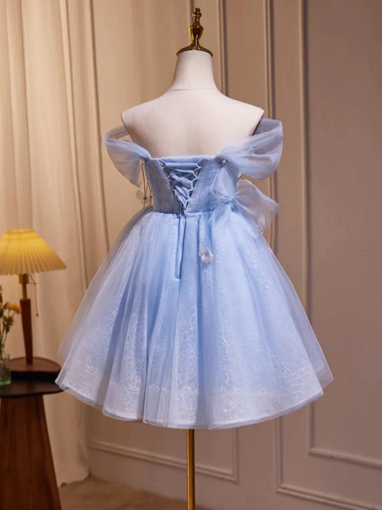 A-Line Off Shoulder Tulle Short Prom Dress Sky blue