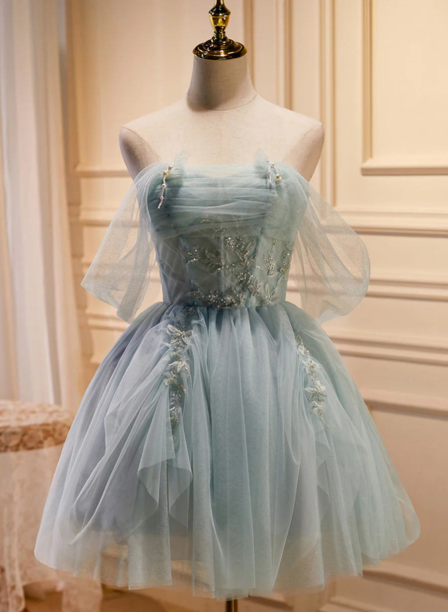 Light Green Tulle Beaded Short Prom Dress, Green Tulle Formal Dress Homecoming Dress Party Dresses