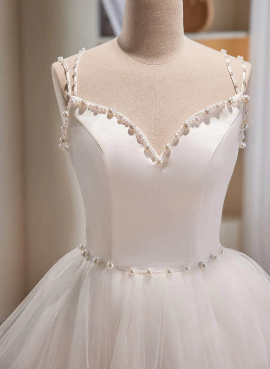 Cute White Short Tulle Beaded Graduation Dress, White Prom Dress Formal Dress