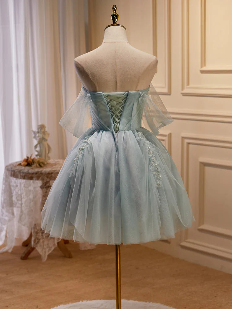 Light Green Tulle Beaded Short Prom Dress, Green Tulle Formal Dress Homecoming Dress Party Dresses