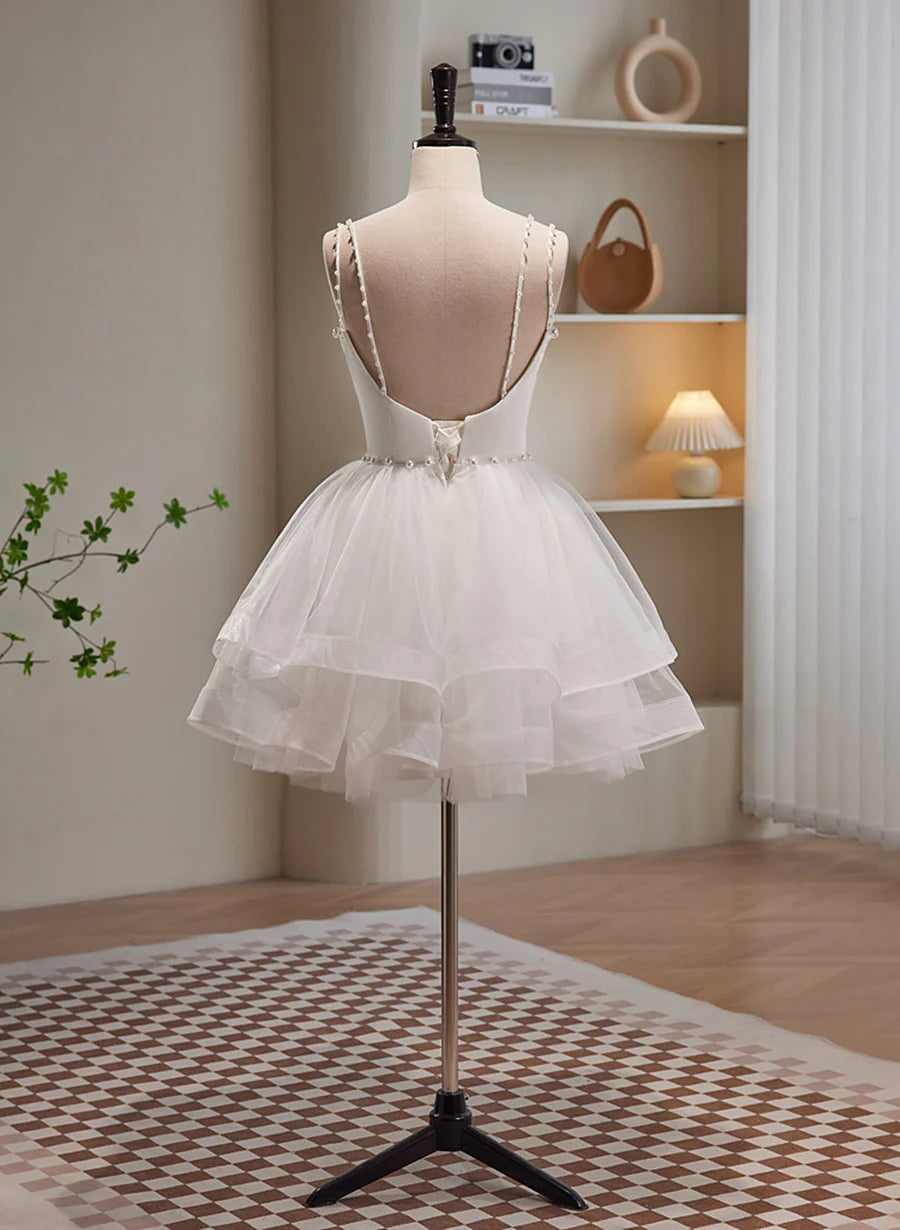Cute White Short Tulle Beaded Graduation Dress, White Prom Dress Formal Dress