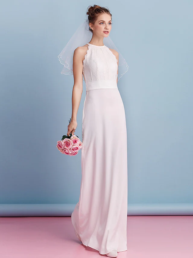 Wedding Dresses Jewel Neck Floor Length Chiffon Lace Regular Straps Floral Lace with Lace Sash