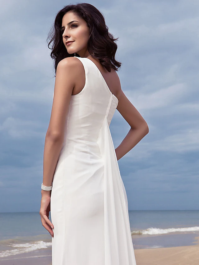 Wedding Dresses One Shoulder Chiffon Regular Straps Simple Plus Size Pure Color