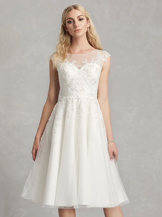 A-Line Wedding Dresses Jewel Neck Tea Length Lace Tulle Cap Sleeve Beautiful Back with Appliques Short