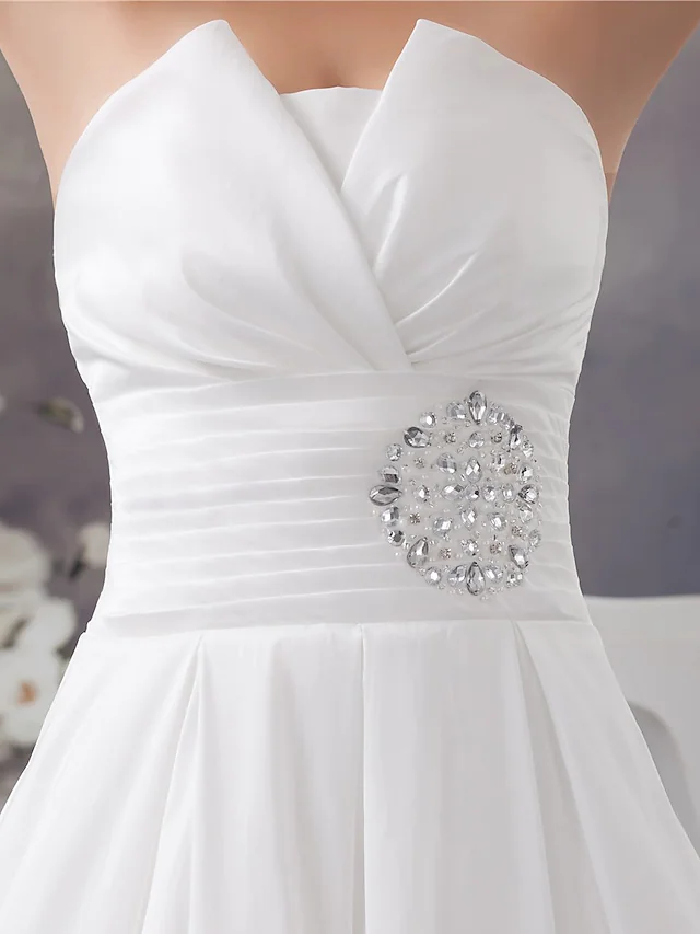 A-Line Wedding Dresses Strapless Chapel Train Satin Strapless with Ruched Beading