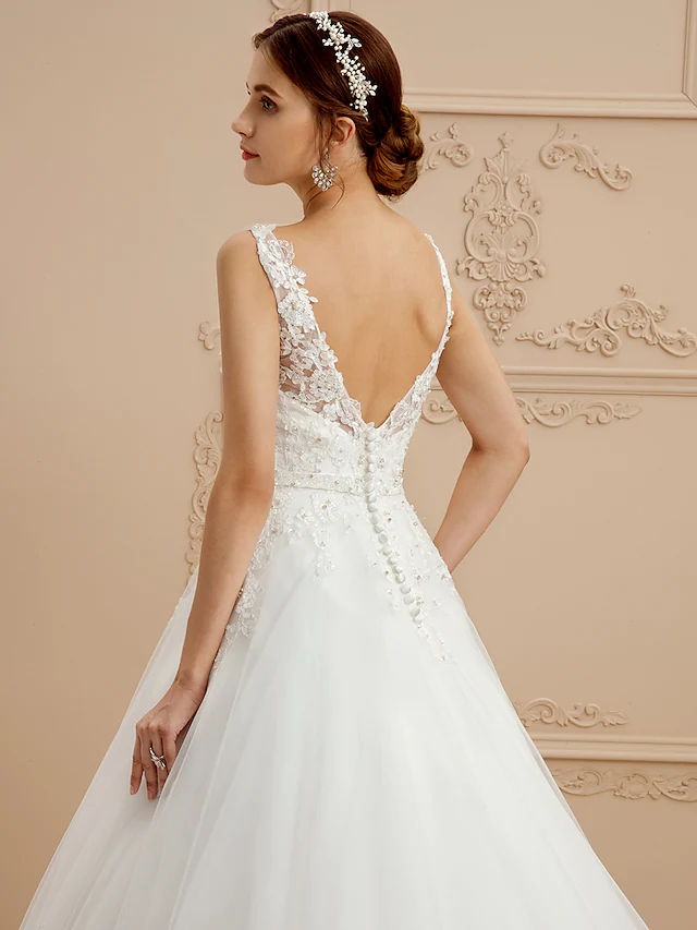 Ball Gown Wedding Dresses V Neck Court Train Tulle Beaded Lace Lace Over Tulle Spaghetti Strap Glamorous Illusion Detail Backless with Beading
