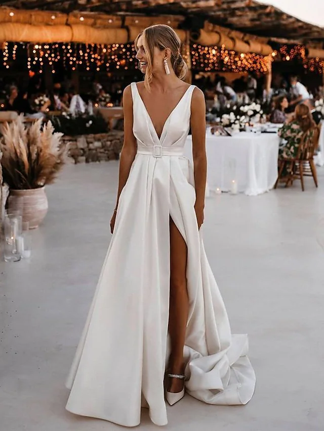 A-Line Wedding Dresses V Neck Court Train Satin Sleeveless Simple Sexy with Sashes Ribbons
