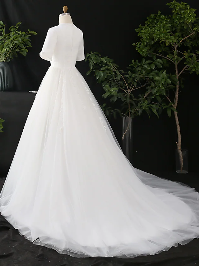 A-Line Wedding Dresses V Neck Court Train Satin Tulle Half Sleeve Simple Elegant with Appliques Beautiful
