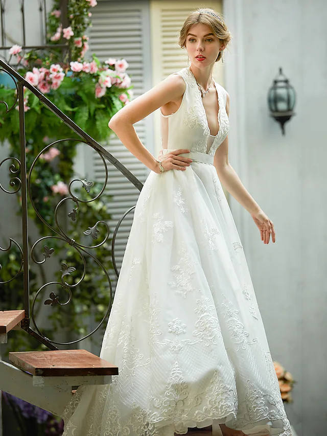 A-Line Wedding Dresses Plunging Neck Lace Over Tulle Sleeveless See-Through Beautiful Back Illusion Detail with Sash Ribbon