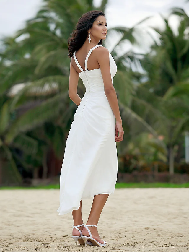 A-Line Wedding Dresses V Neck Asymmetrical Chiffon Spaghetti Strap Formal Casual Backless