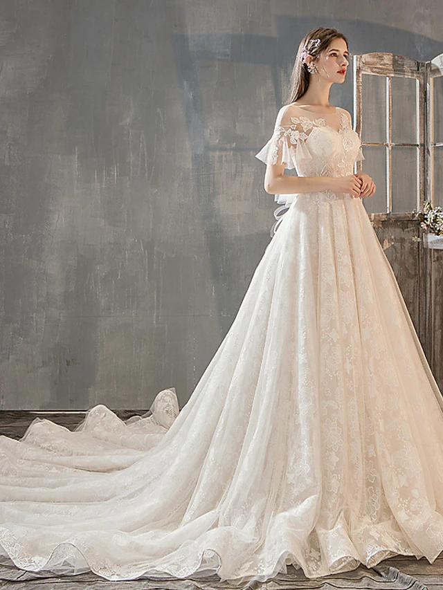 Princess A-Line Wedding Dresses Jewel Neck Court Train Lace Tulle Short Sleeve Romantic with Bow(s) Beading