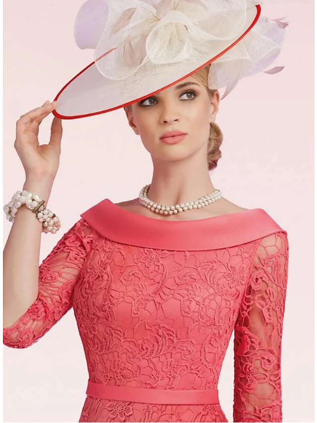 Mother of the Bride Dress Plus Size Bateau Neck Knee Length Lace Satin Half Sleeve with Sash Ribbon Bow(s) Split