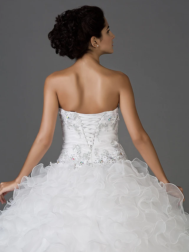 Ball Gown Wedding Dresses Sweetheart Neckline Strapless Floor Length Organza Taffeta Sleeveless Sparkle