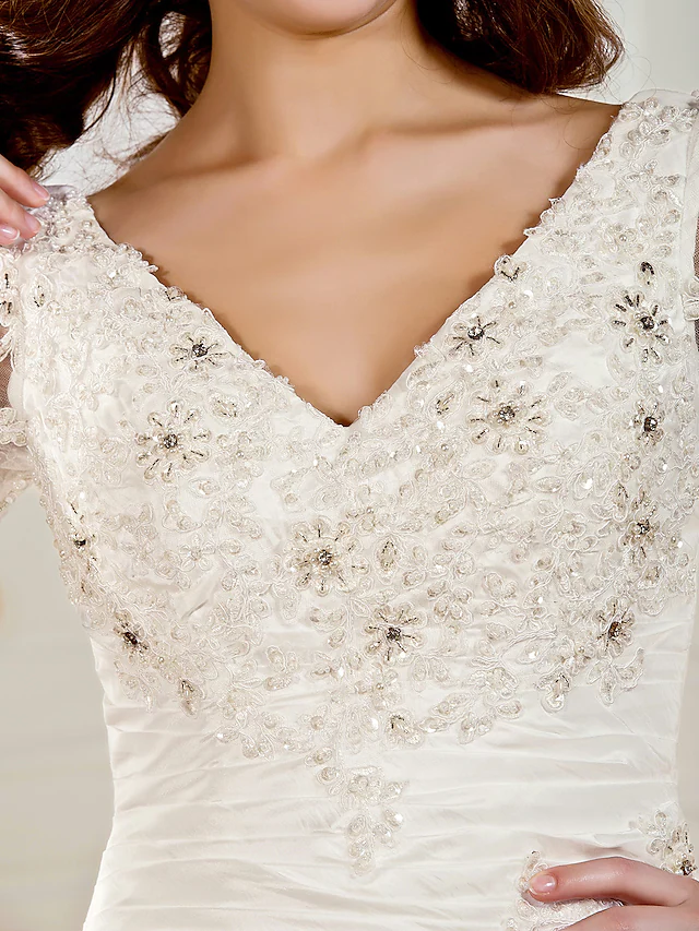 Ball Gown Wedding Dresses V Neck Chapel Train Taffeta Half Sleeve See-Through with Ruched Beading