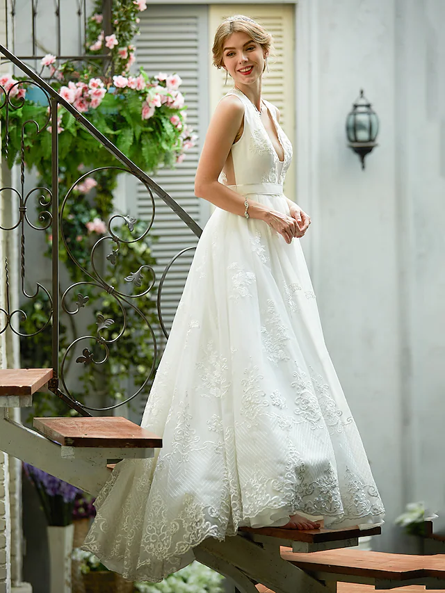 A-Line Wedding Dresses Plunging Neck Lace Over Tulle Sleeveless See-Through Beautiful Back Illusion Detail with Sash Ribbon