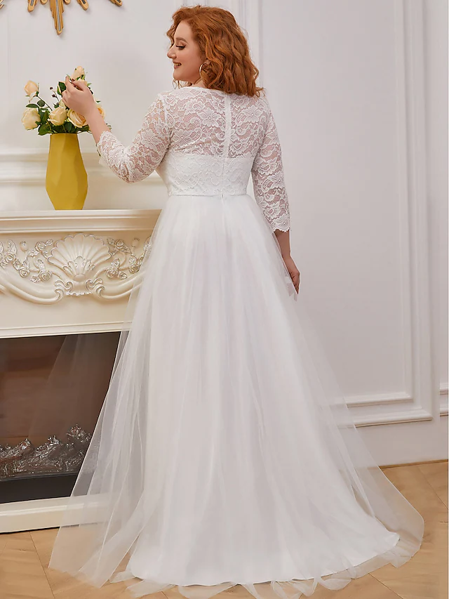 A-Line Wedding Dresses Jewel Neck Floor Length Lace Tulle Sleeveless Romantic with Cascading