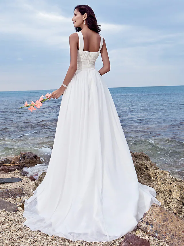 A-Line Wedding Dresses Jewel Neck Chiffon Regular Straps Formal Beach Plus Size with Ruched