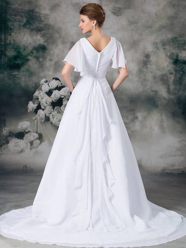 A-Line Wedding Dresses V Neck Chapel Train Chiffon Satin Short Sleeve with Ruched