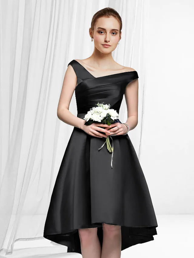 A-Line Reformation Amante Minimalist Party Wear Cocktail Party Dress Off Shoulder Sleeveless Asymmetrical Satin