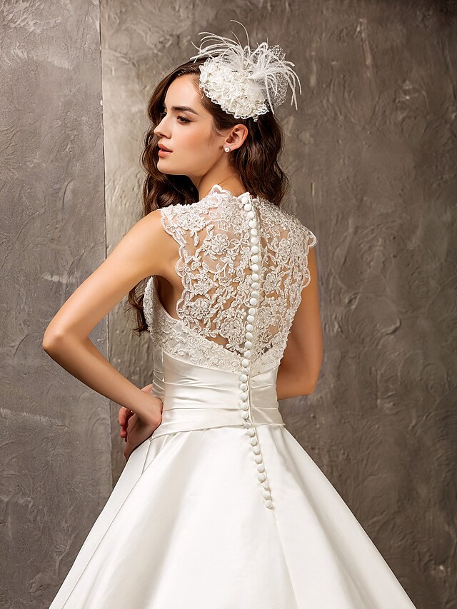 A-Line Wedding Dresses Queen Anne Lace Satin Sleeveless See-Through with Sash Ribbon Beading