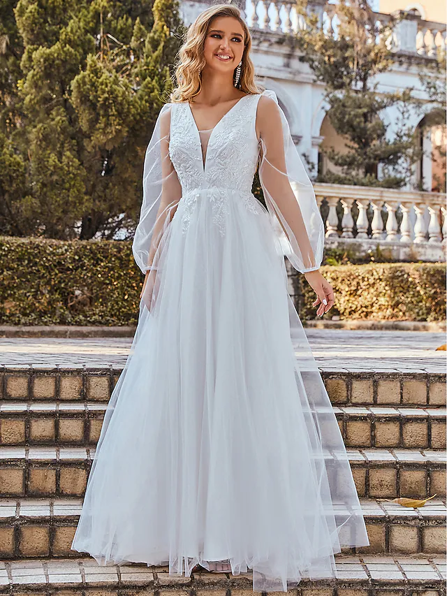 A-Line Wedding Dresses V Neck Floor Length Lace Tulle Sleeveless Romantic with Pleats Beautiful