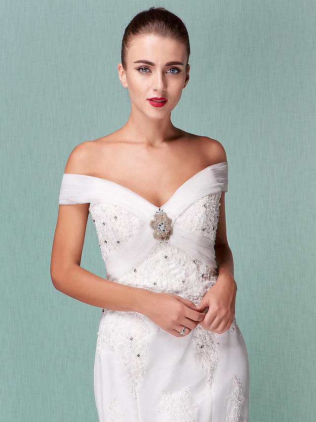 Wedding Dresses Off Shoulder Chapel Train Organza Short Sleeve with Beading Appliques Crystal