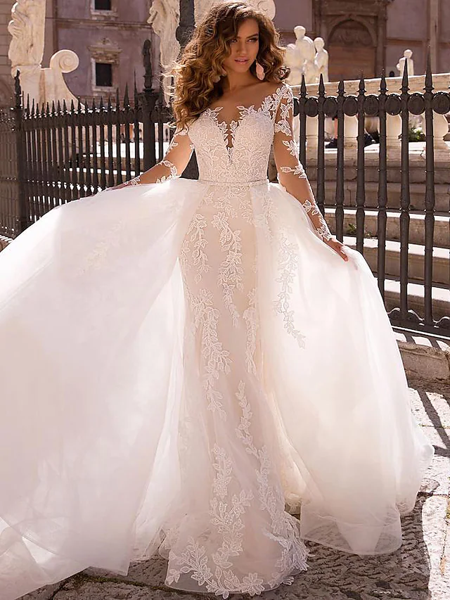 Wedding Dresses V Neck Court Train Lace Long Sleeve Formal Romantic Casual Modern Detachable Illusion Sleeve