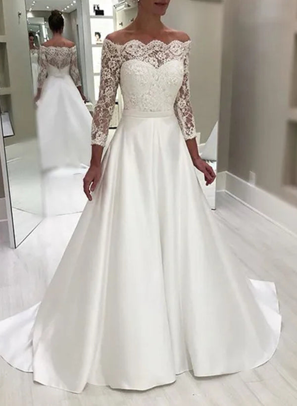 A-Line/Princess Off-The-Shoulder Floor-Length Lace Wedding Dress Beautiful