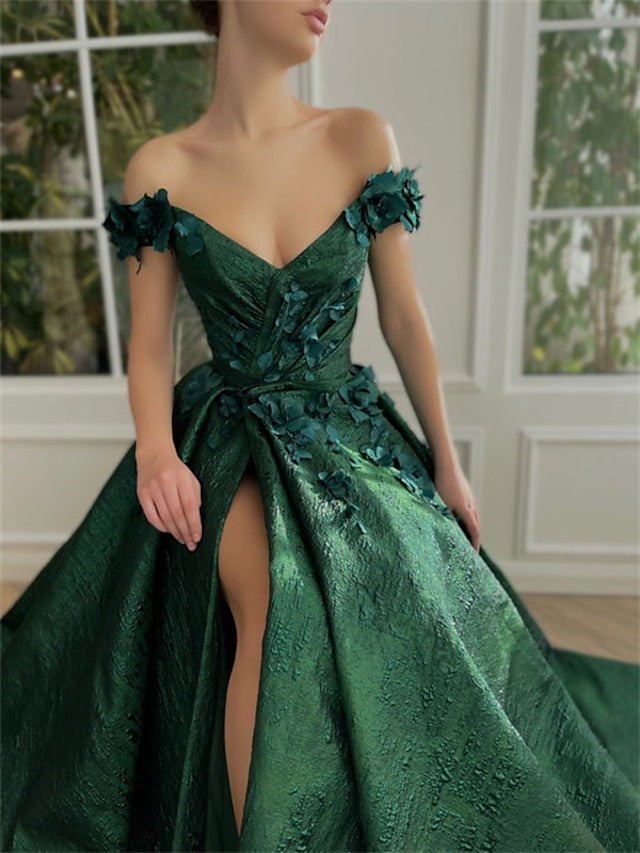 A-Line/Princess Off-The-Shoulder Sleeveless Floor-Length Long Prom Floral Dresses Whit Split Side Appliques Sexy